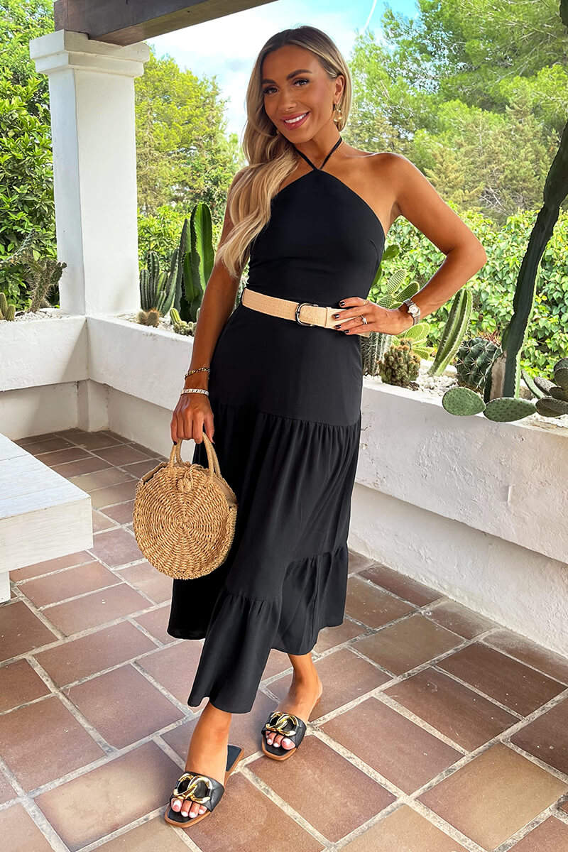 Black Halterneck Straw Belt Tiered Midi Dress - Swimclubus