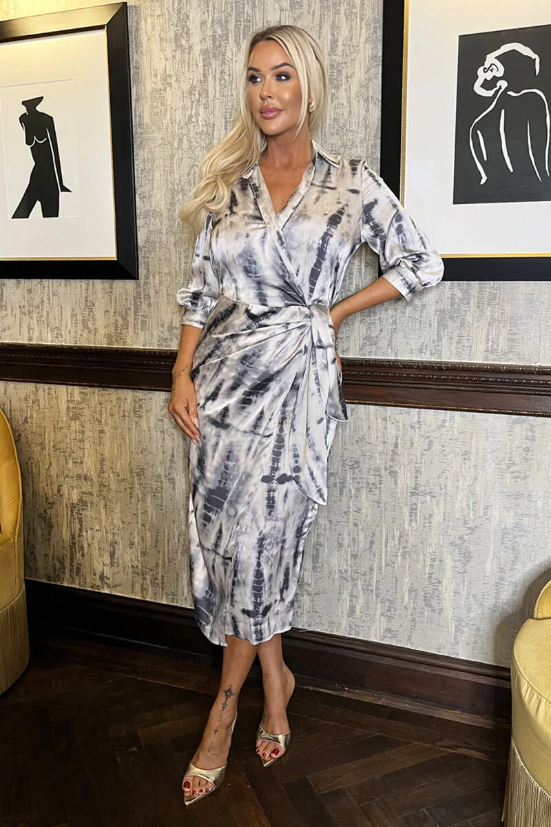 Grey Printed 3/4 Sleeve Side Tie Waist Wrap Shirt Midi Dress - Swimclubus