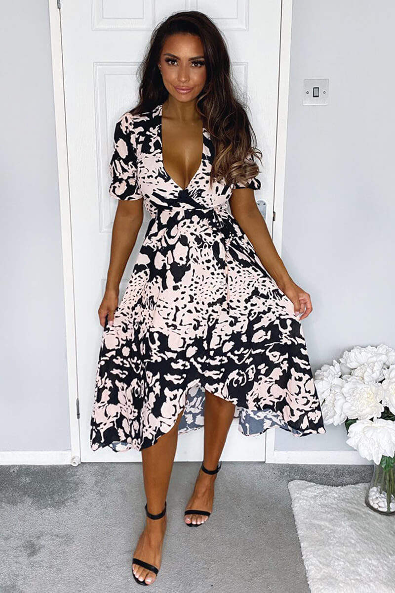Black Nude Abstract Print Wrap Midi Dress - Swimclubus