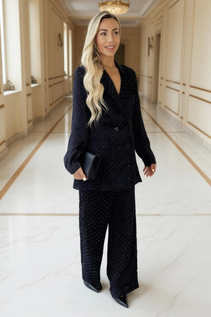 Black Diamante Wide Leg Trousers - Swimclubus