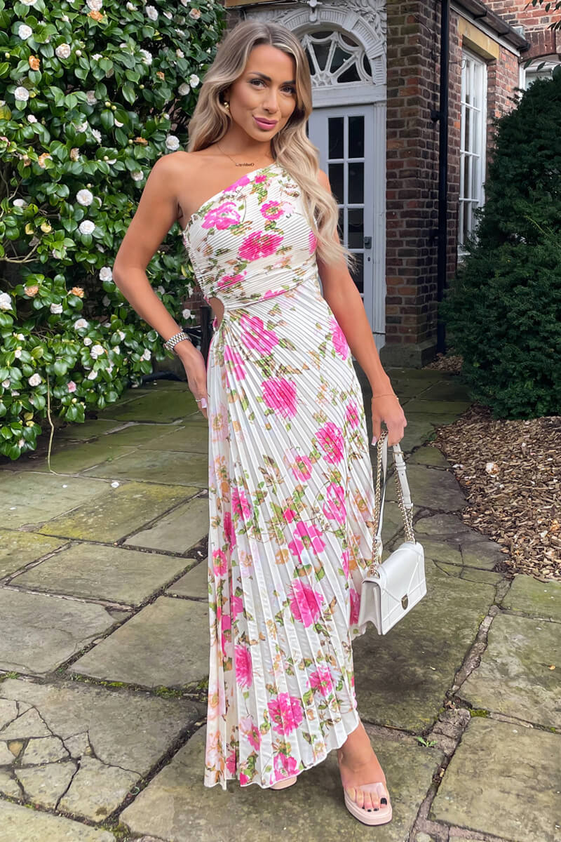 Cream and Pink Floral Print One Shoulder Pleated Satin Midi Dress - Swimclubus