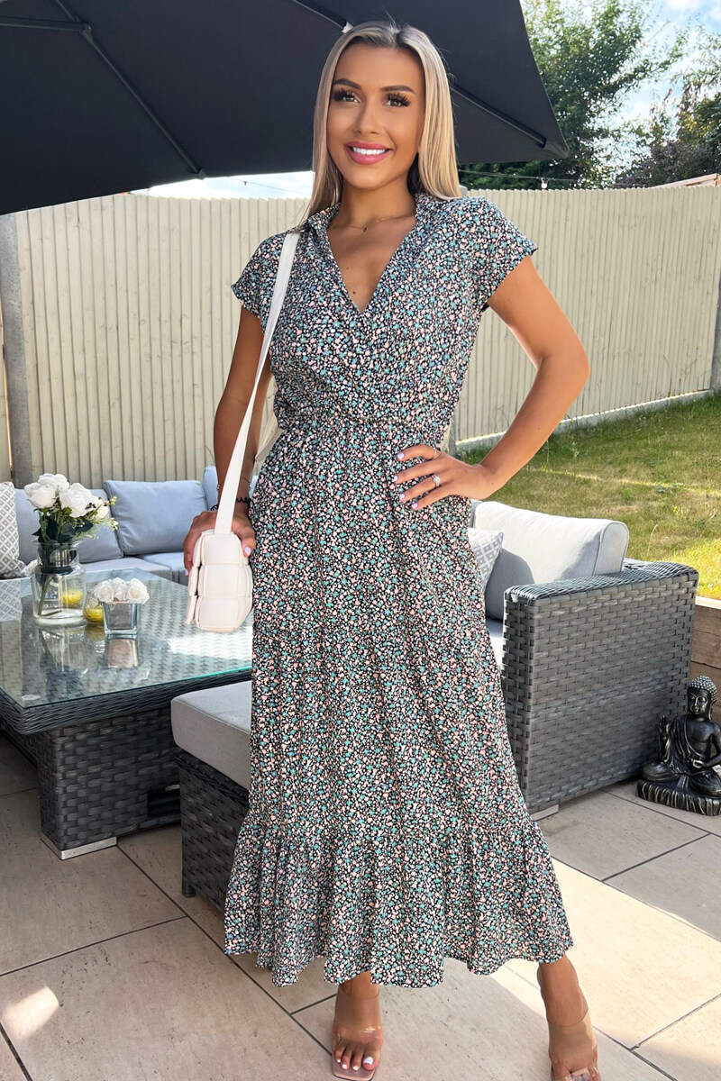 Black Floral Print Short Sleeved V-Neck Midi Smock Dress - Swimclubus