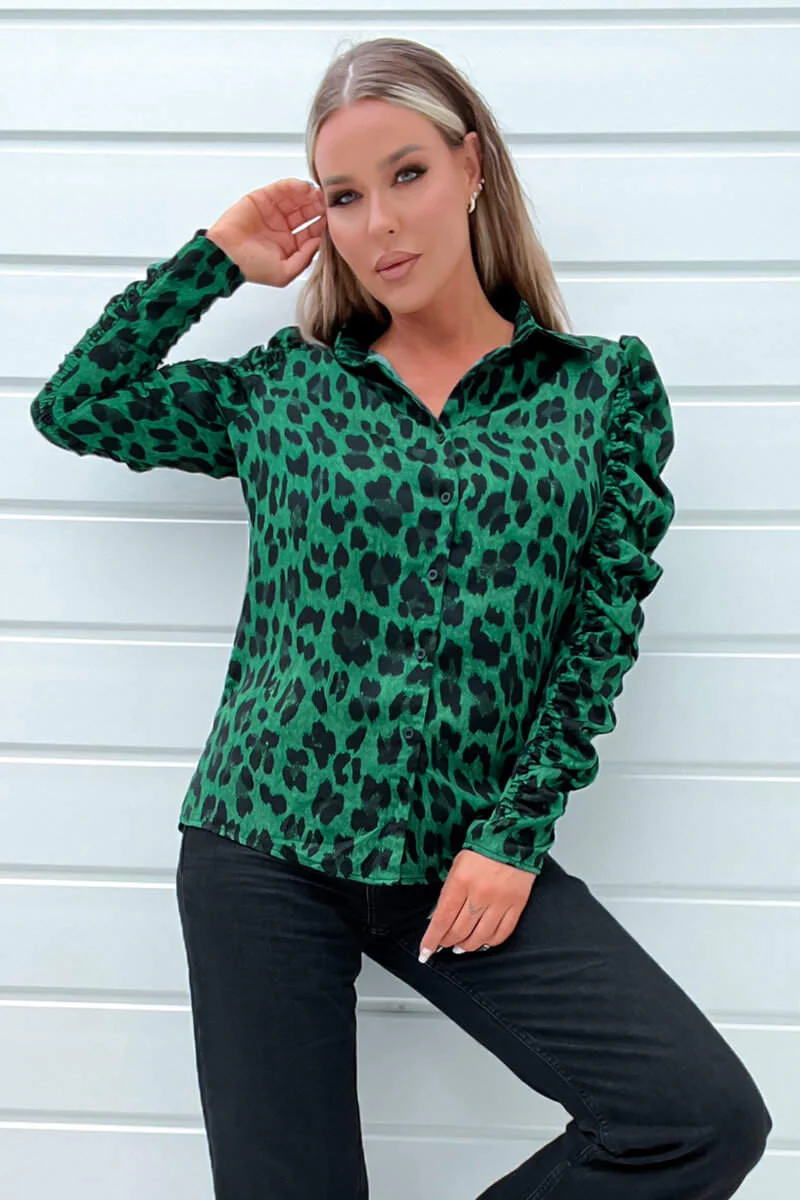 Green and Black Animal Print Ruched Sleeve Shirt - Swimclubus