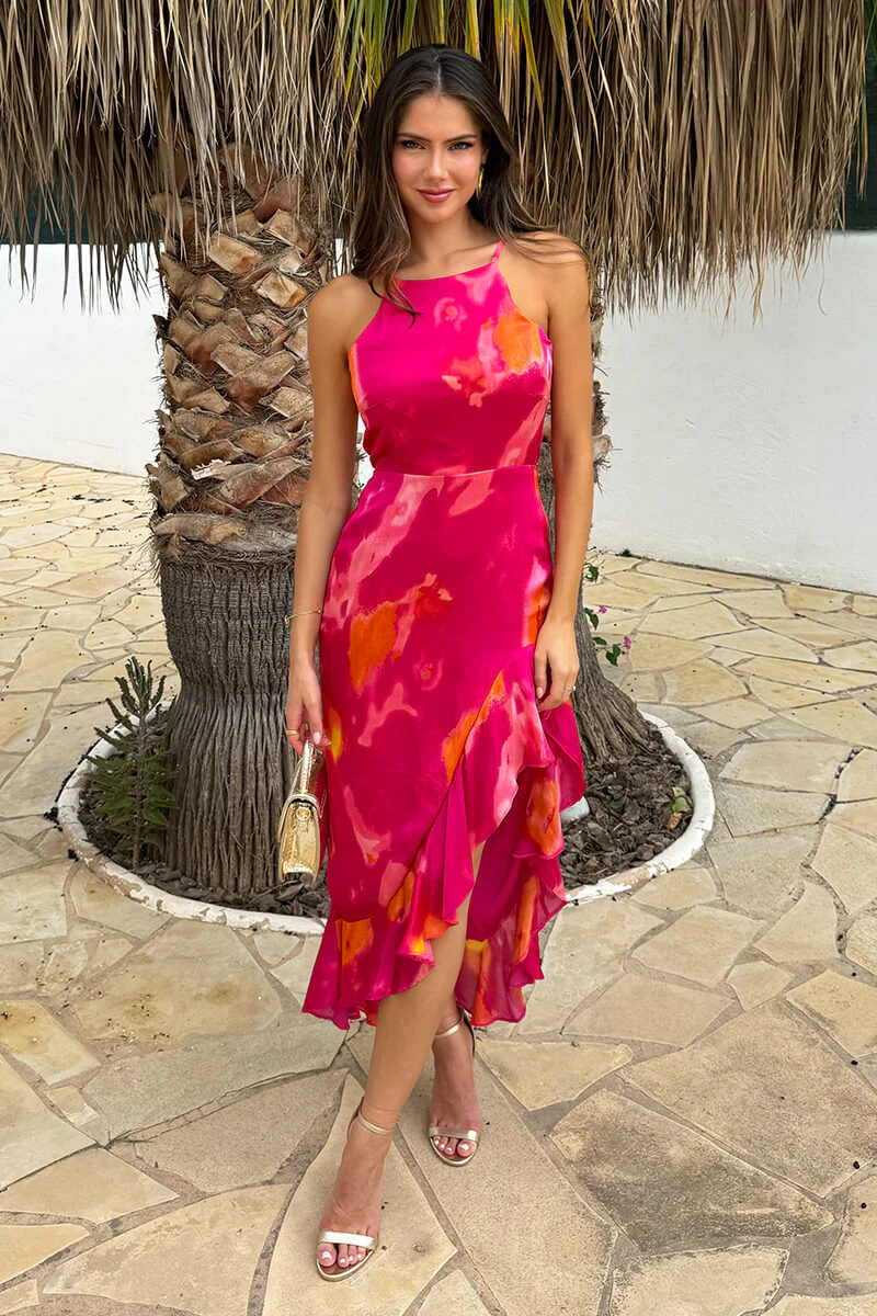 Pink Smudge Print Racer Neck High Low Frill Hem Midi Dress - Swimclubus
