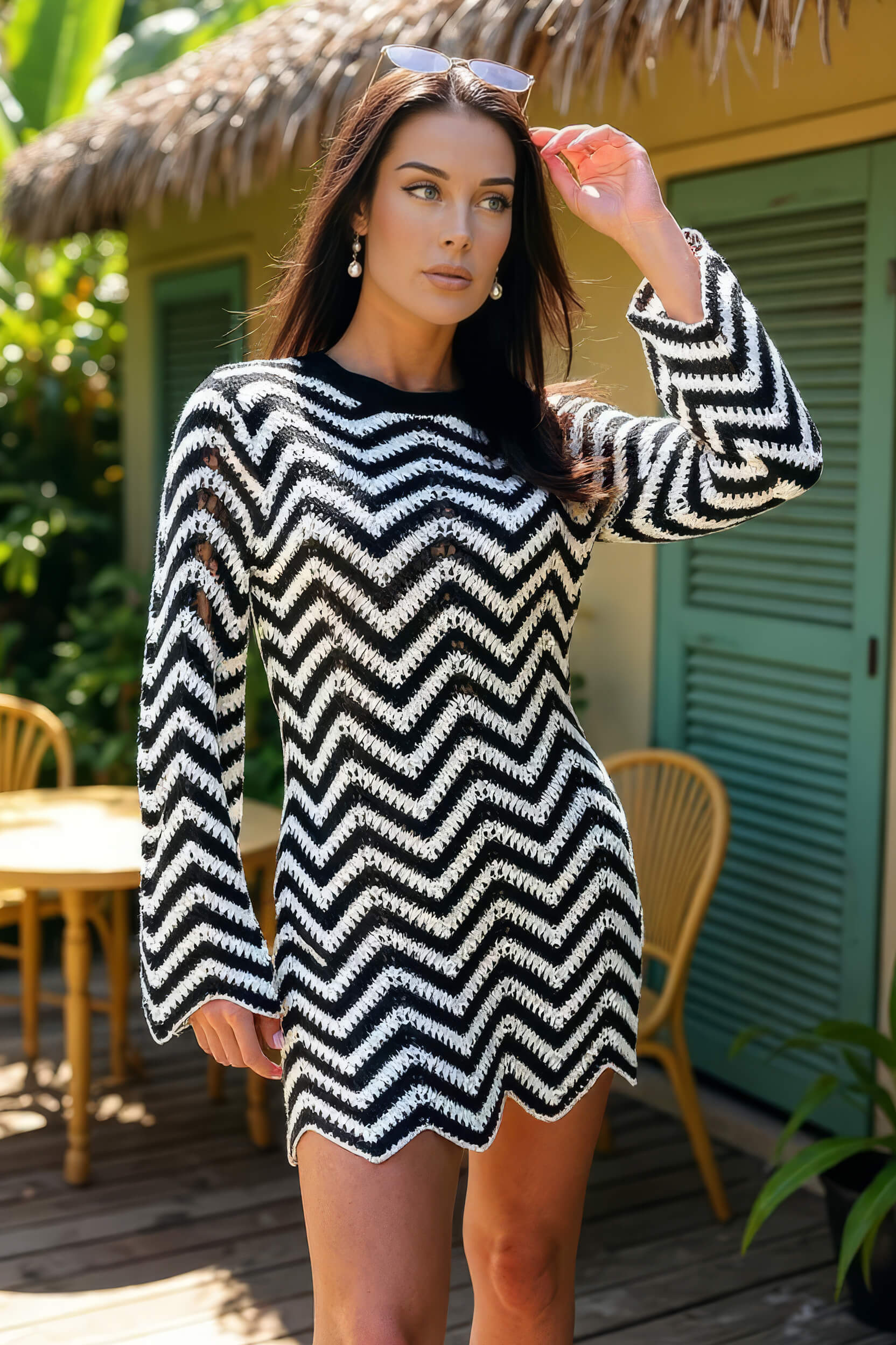 Black And White Zig Zag Long Sleeve Crochet Mini Dress - Swimclubus