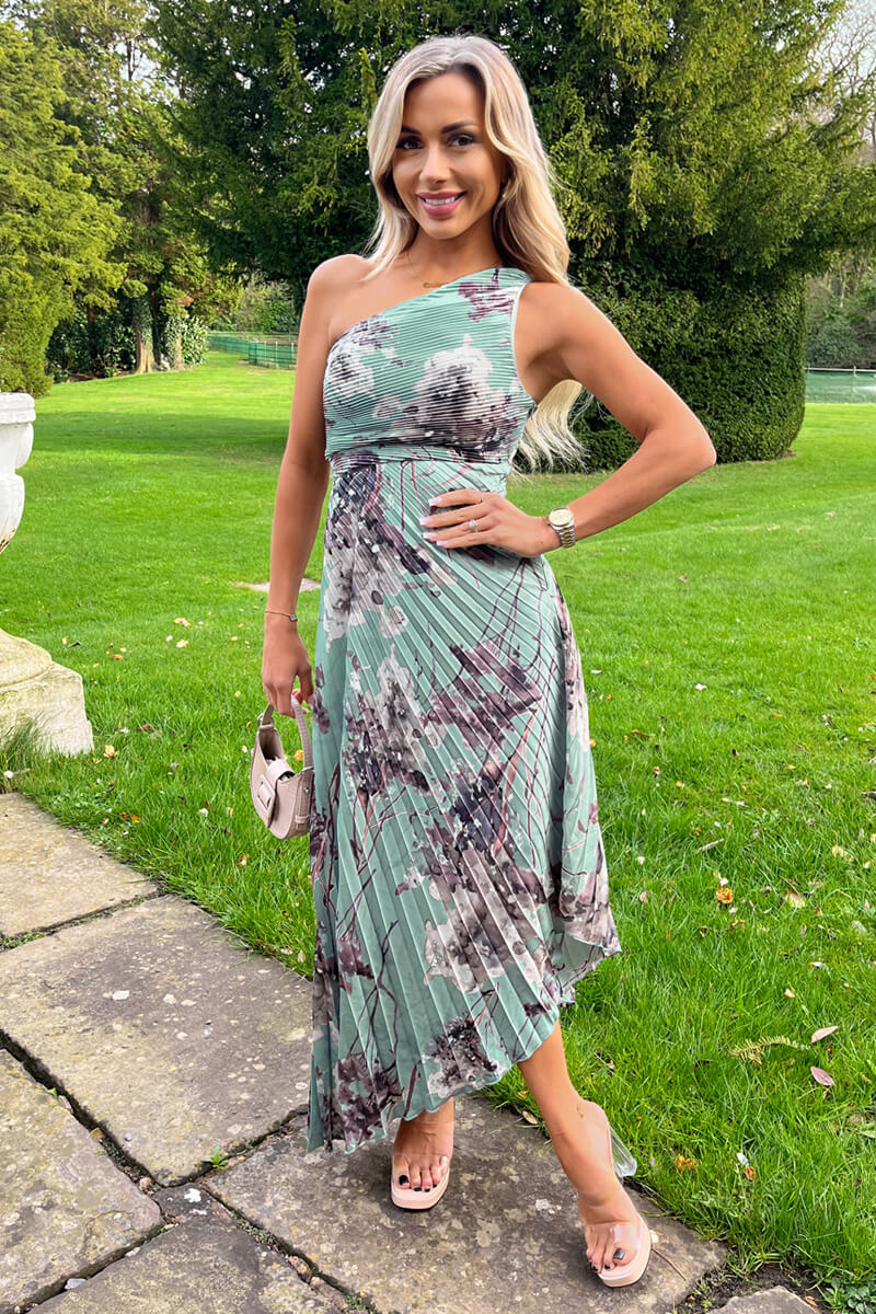 Duck Egg Printed One Shoulder Pleated Midi Dress - Swimclubus