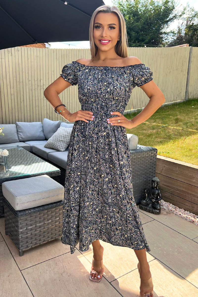 Navy Printed Elasticated Waist Bardot Midi Dress - Swimclubus