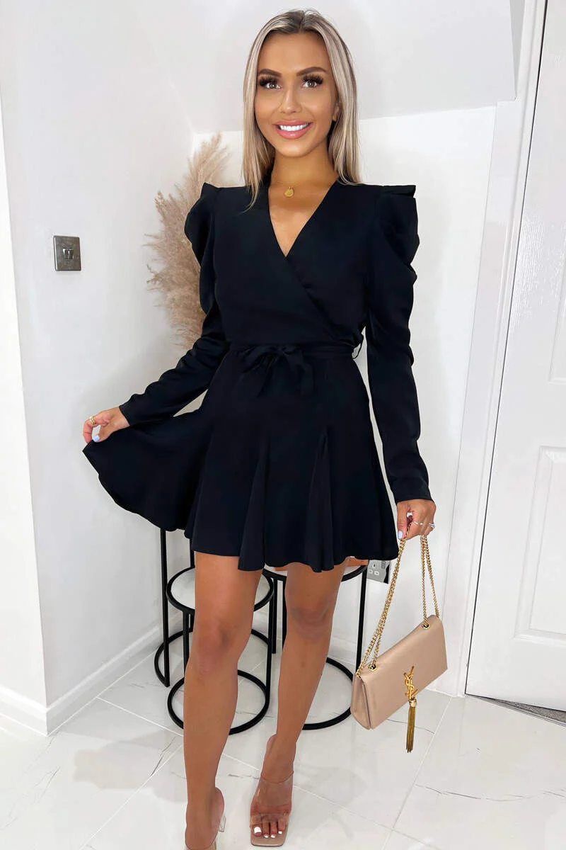 Black Long Sleeve Tie Waist Skater Dress - Swimclubus