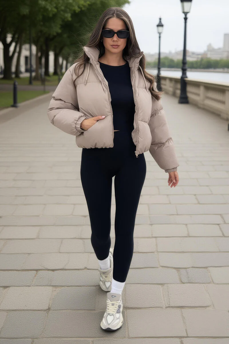 Stone Drawstring Hood Short Puffer Coat - Swimclubus