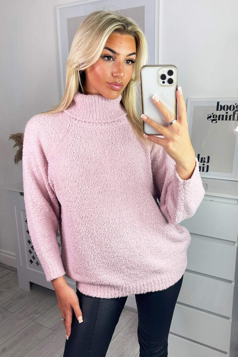 Pink Soft Knit Roll Neck Jumper - Swimclubus