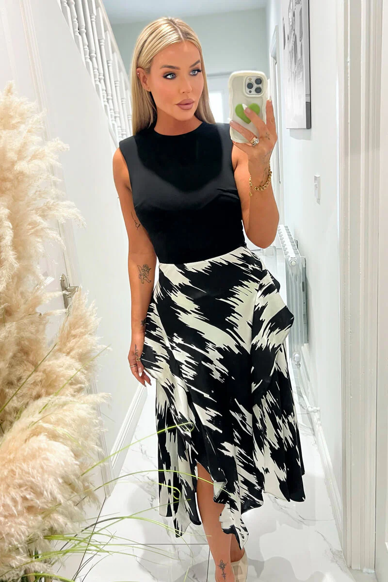 Black And White Printed 2 In 1 Double Frill Split Midi Dress - Swimclubus