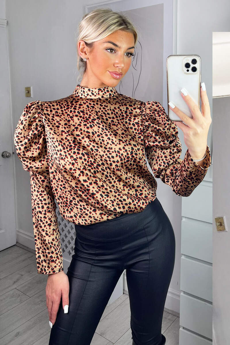 Multi Animal Print High Neck Puff Sleeve Blouse - Swimclubus