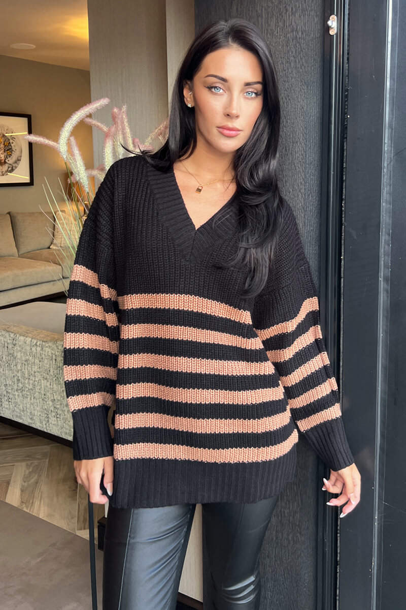 Black And Camel Stripe V-Neck Knit Jumper - Swimclubus