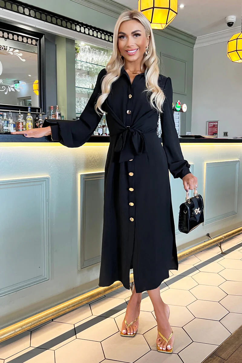 Black Button Front Tie Midi Shirt Dress - Swimclubus