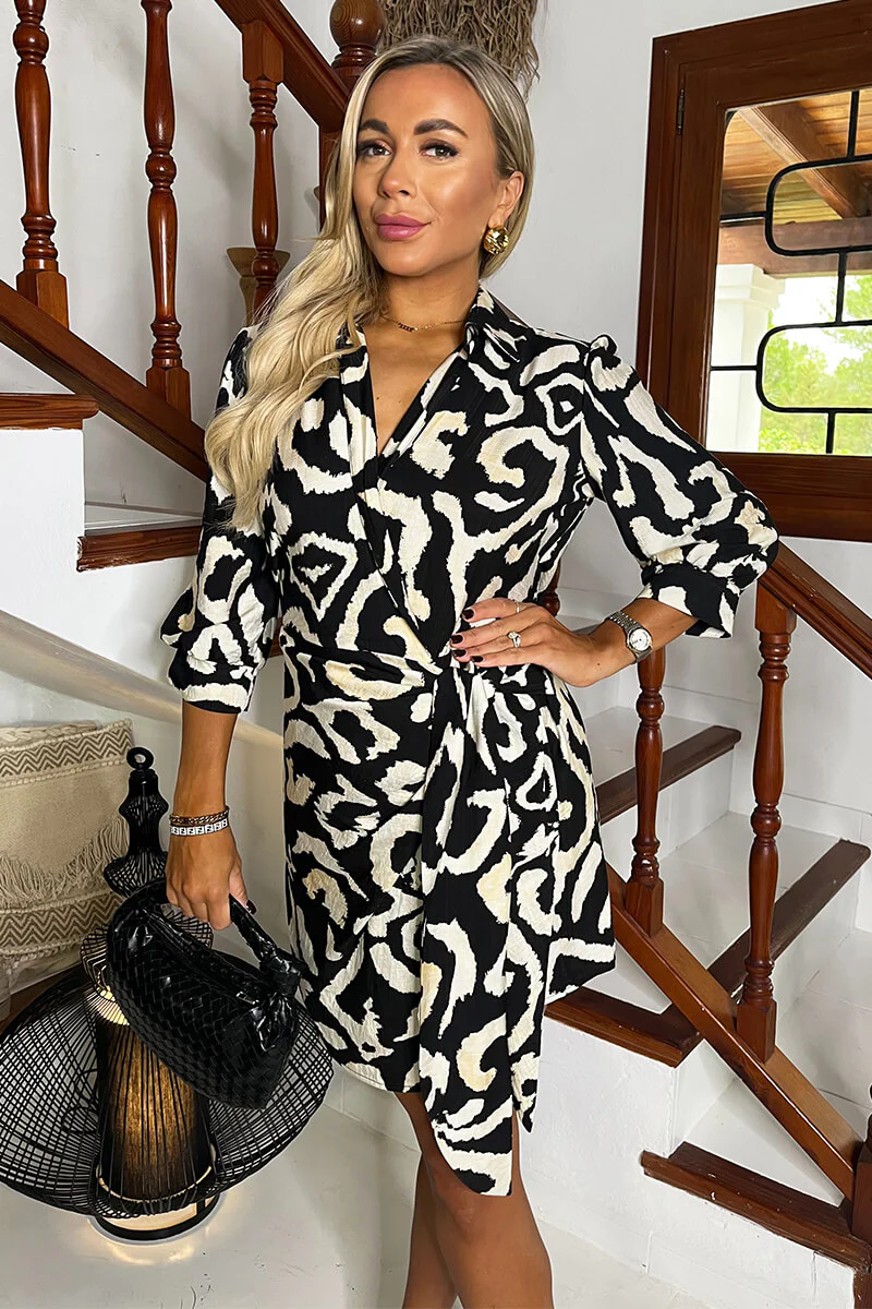 Black And Cream Abstract Print 3/4 Sleeves Waist Side Tie Mini Dress - Swimclubus