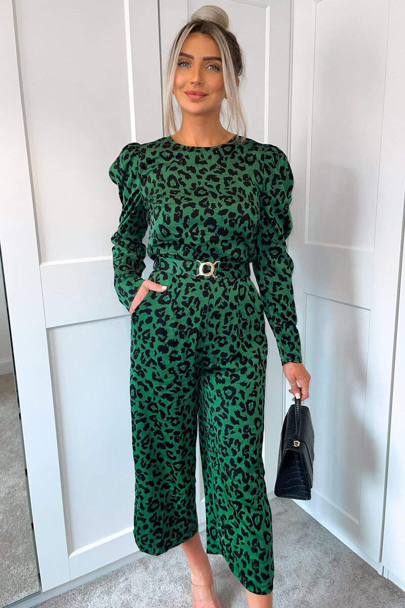 Green And Black Animal Print Long Sleeve Belted Jumpsuit - Swimclubus