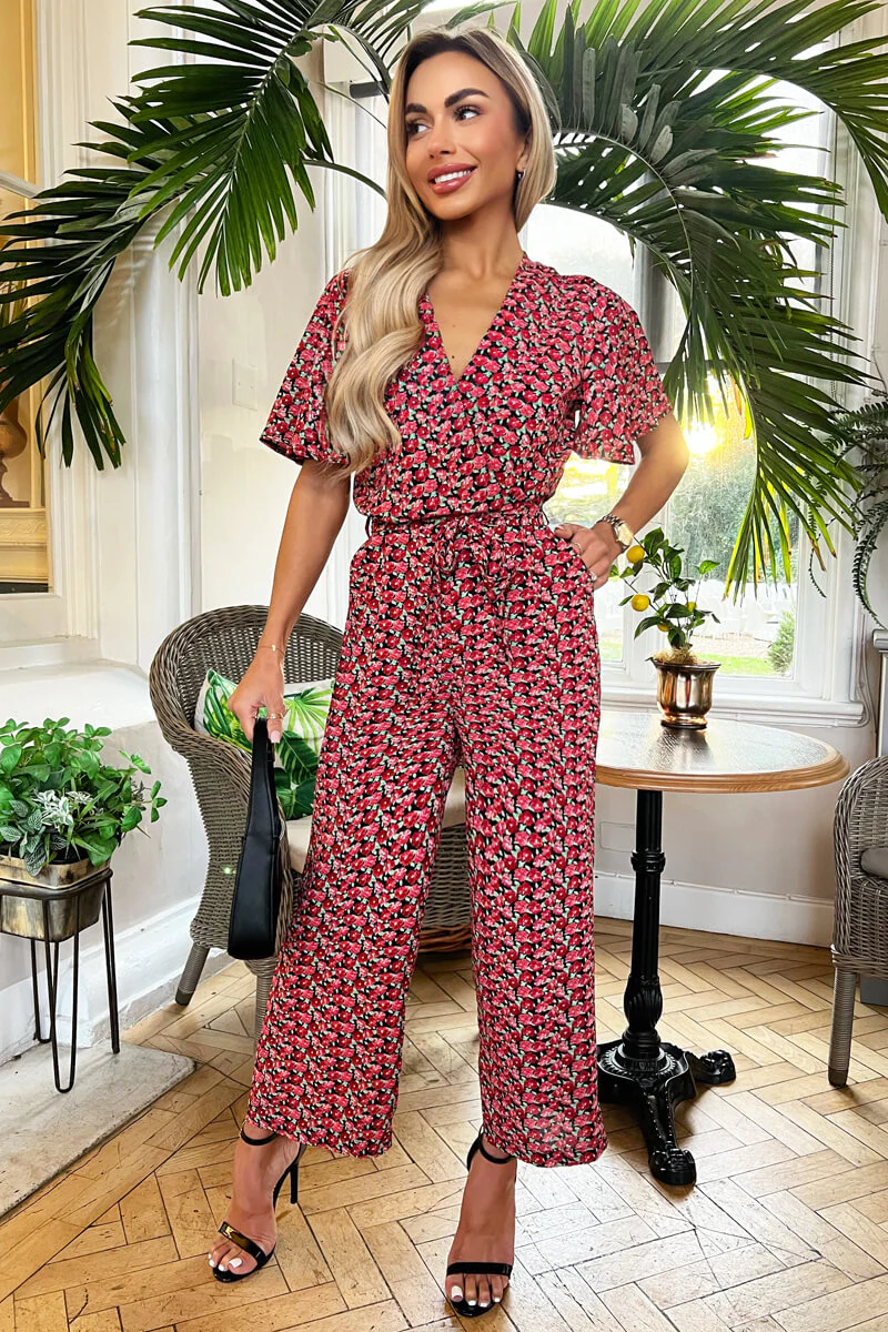 Red Floral Printed Butterfly Sleeve Belted Jumpsuit - Swimclubus