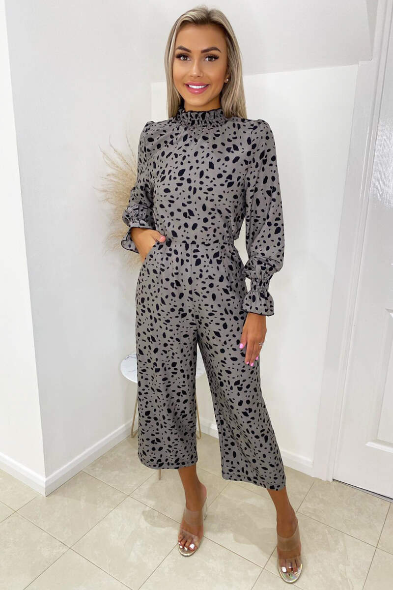 Grey Spot Printed High Neck Long Sleeve Jumpsuit - Swimclubus