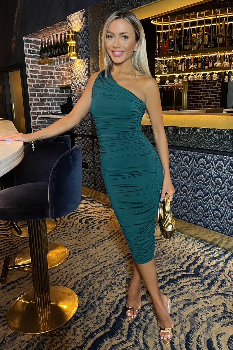 Teal One Shoulder Bodycon Ruched Midi Dress - Swimclubus