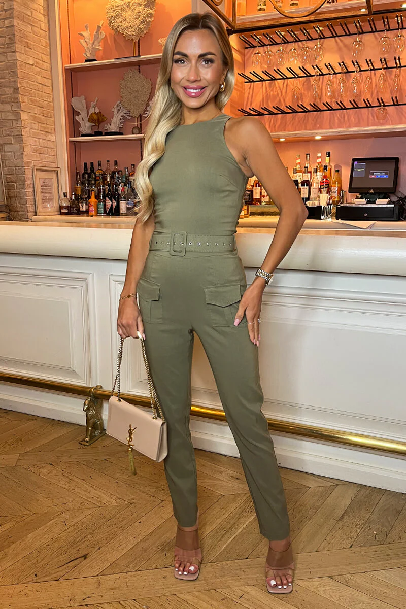 Khaki Belted High Neck Cargo Jumpsuit - Swimclubus