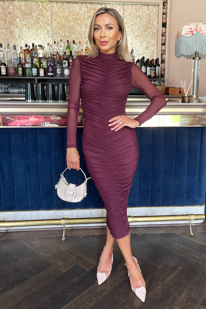 Plum High Neck Long Sleeve Ruched Bodycon Mesh Midi Dress - Swimclubus