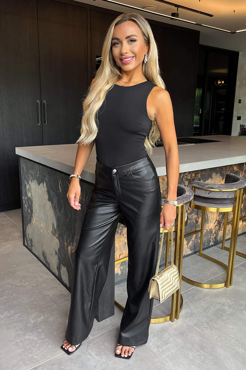 Black Faux Leather Wide Leg Trousers - Swimclubus