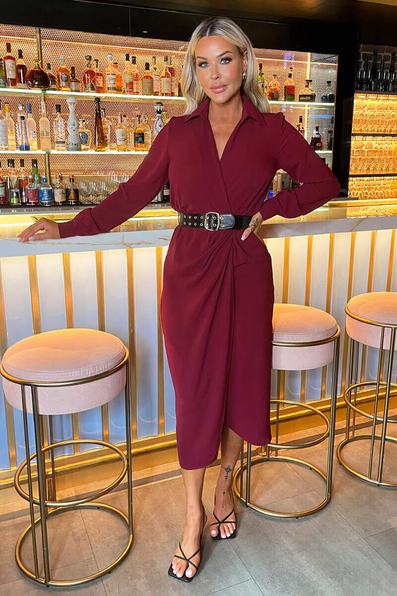 Wine Belted Wrap Midi Shirt Dress - Swimclubus