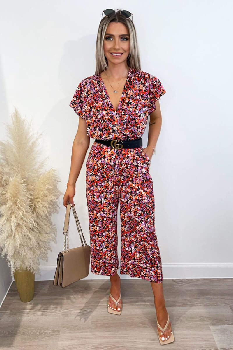 Red Abstract Wrap Over Jumpsuit - Swimclubus