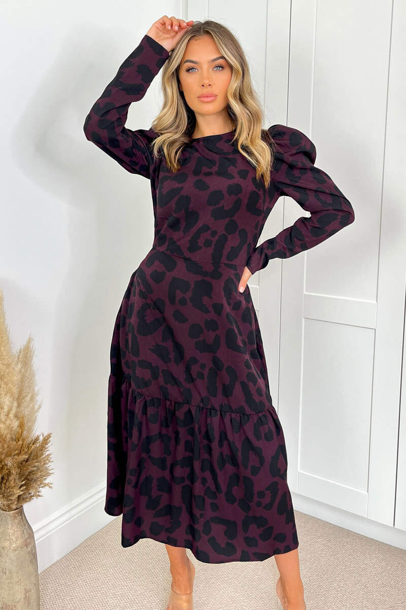 Plum And Black Animal Print Long Sleeve Midi Smock Dress - Swimclubus