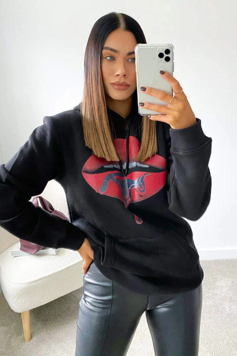 Black Red Lips Hoodie - Swimclubus