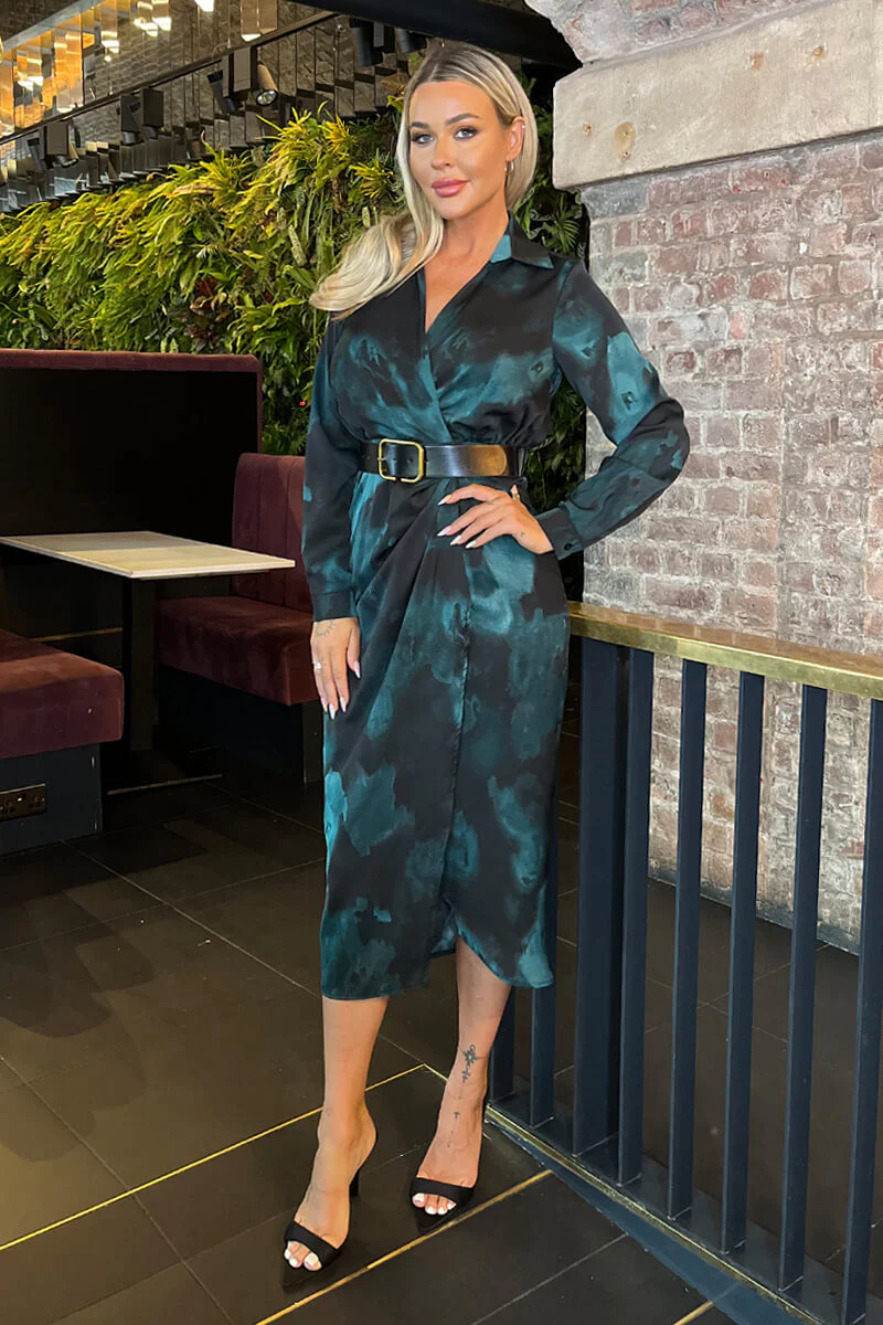 Teal And Black Smudge Print Belted Wrap Midi Shirt Dress - Swimclubus