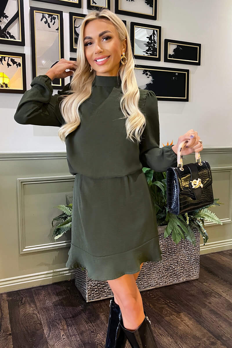 Olive High Neck Long Sleeve Mini Dress - Swimclubus