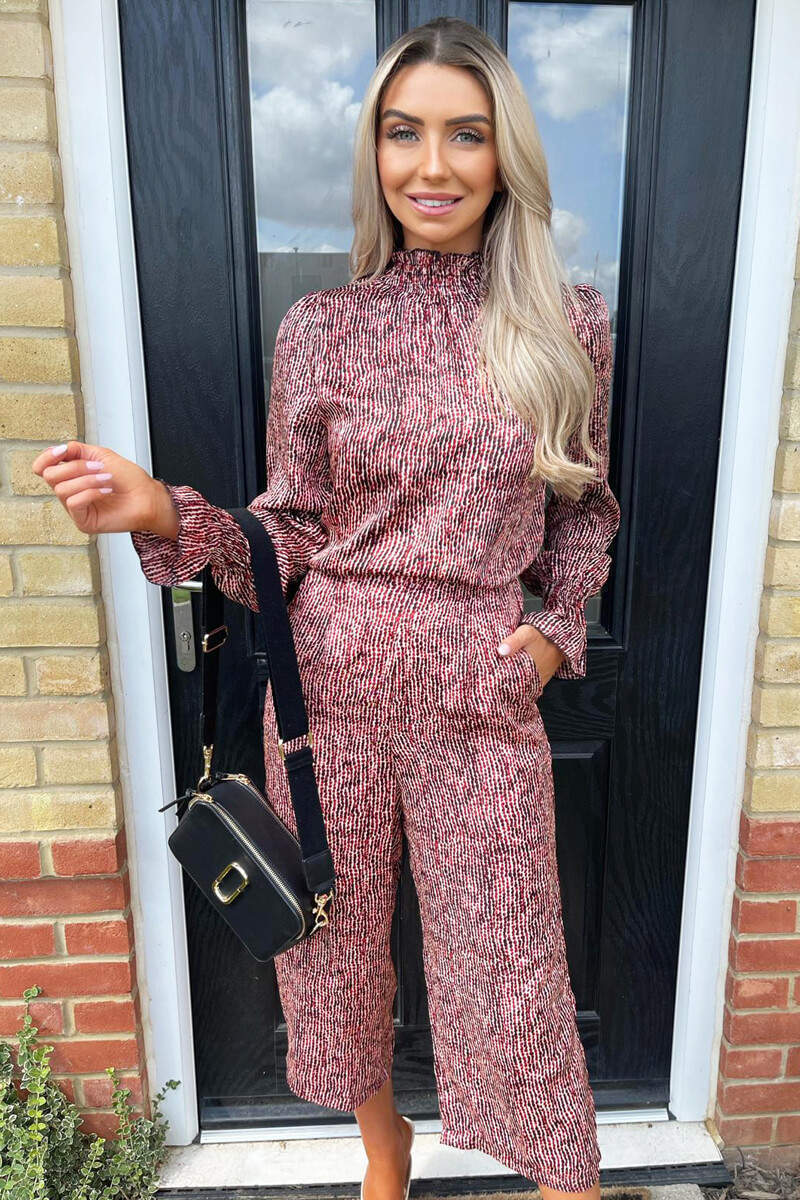 Red Printed Long Sleeve Culotte Jumpsuit - Swimclubus
