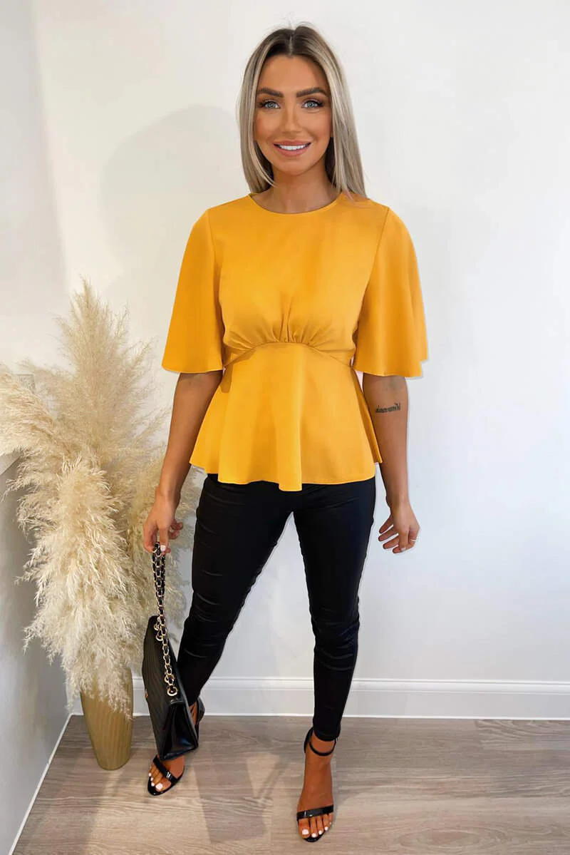Yellow Flared Short Sleeve Blouse - Swimclubus