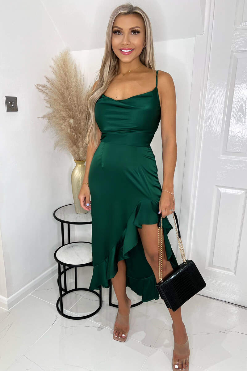 Green Satin Cowl Neck Frill Hem Midi Dress - Swimclubus