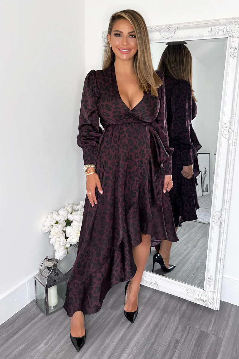 Plum Animal Print Long Sleeve Wrap Over Frill Hem Midi Dress - Swimclubus