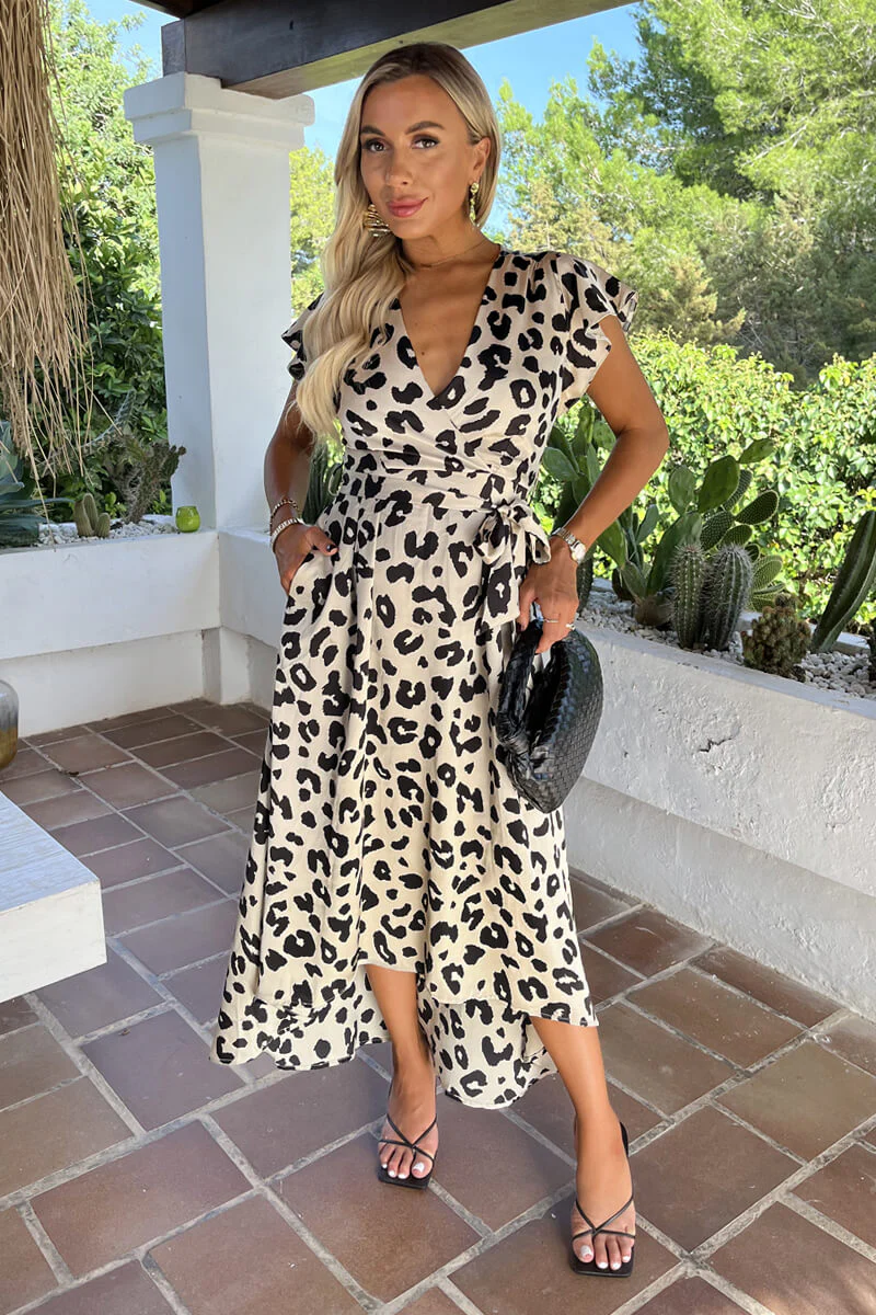 Black And Cream Leopard Print Short Sleeve Belted Wrap Midi Dress - Swimclubus