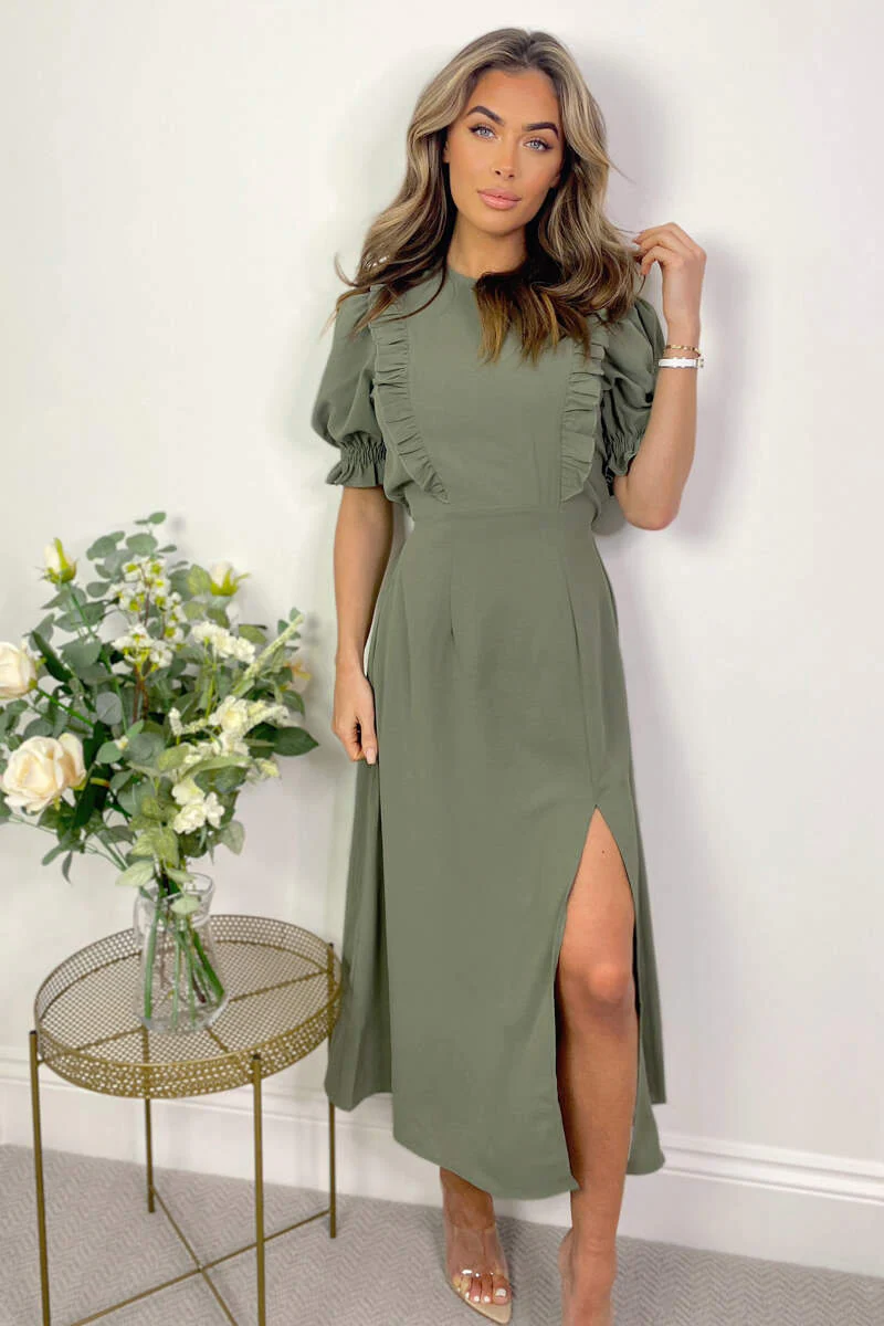 Khaki Ruffle Split Leg Midi Dress - Swimclubus
