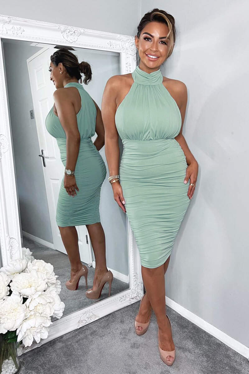 Duck Egg Ruched High Neck Midi Dress - Swimclubus