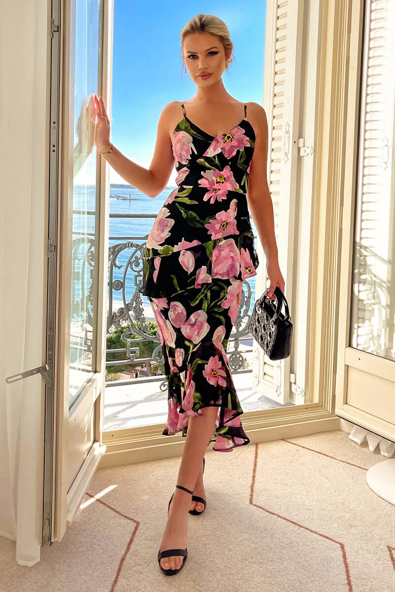 Black And Pink Lace Embroidered Frill High Low Midi Dress - Swimclubus