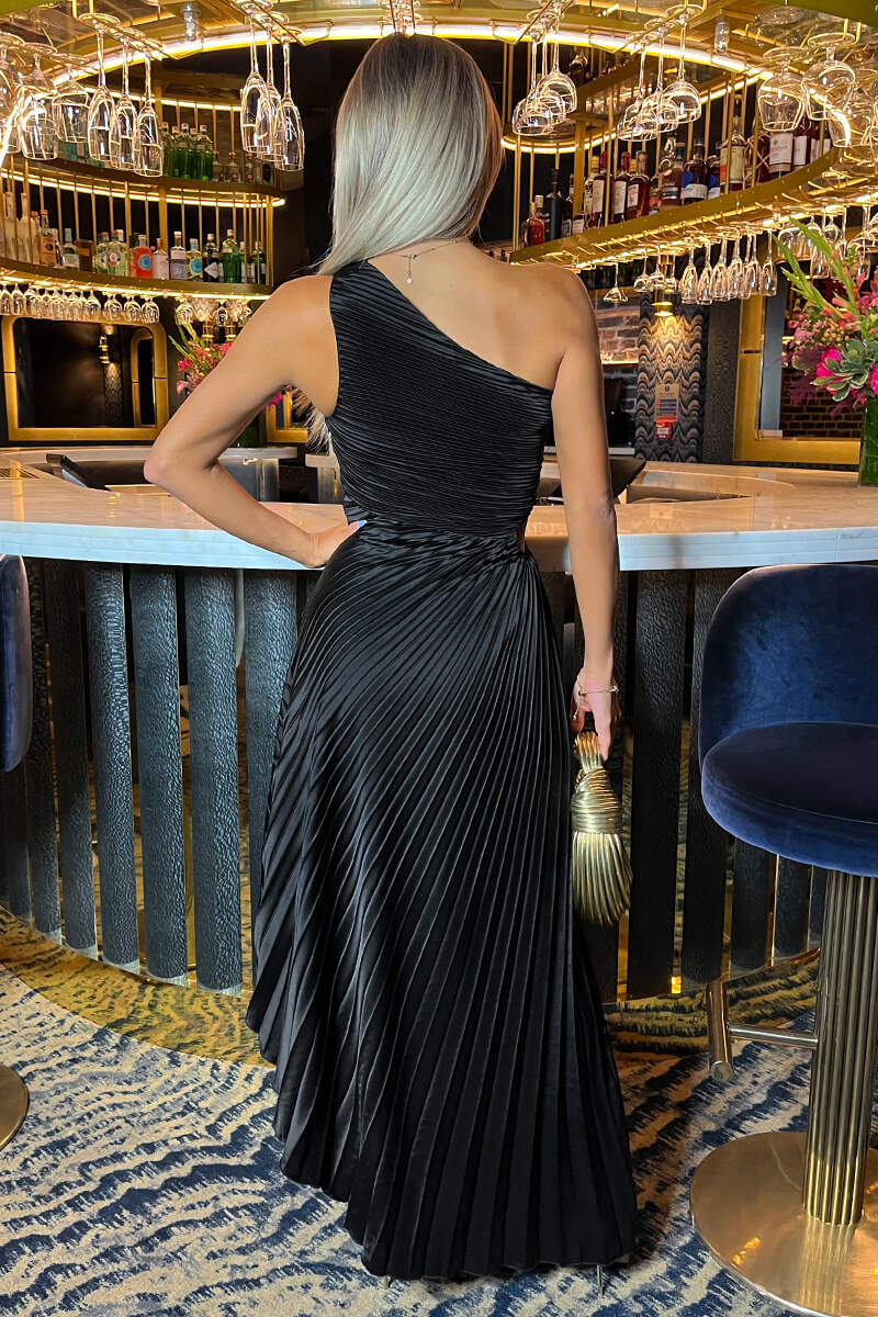 Black One Shoulder Pleated Satin Midi Dress - Swimclubus