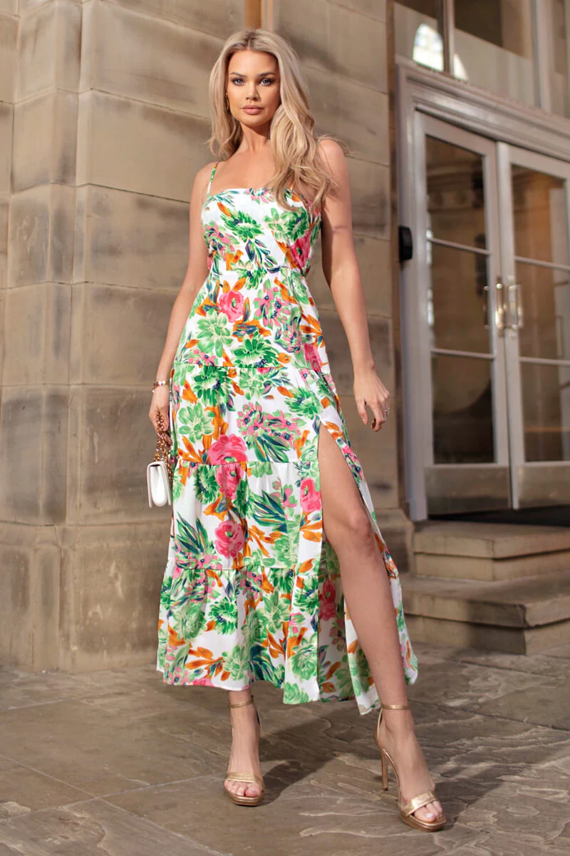 Green Floral Print Strappy Smock Midi Dress - Swimclubus