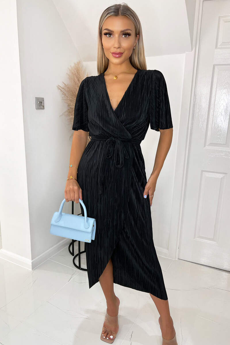 Black Wrap Top Belted Short Sleeve Plisse Midi Dress - Swimclubus