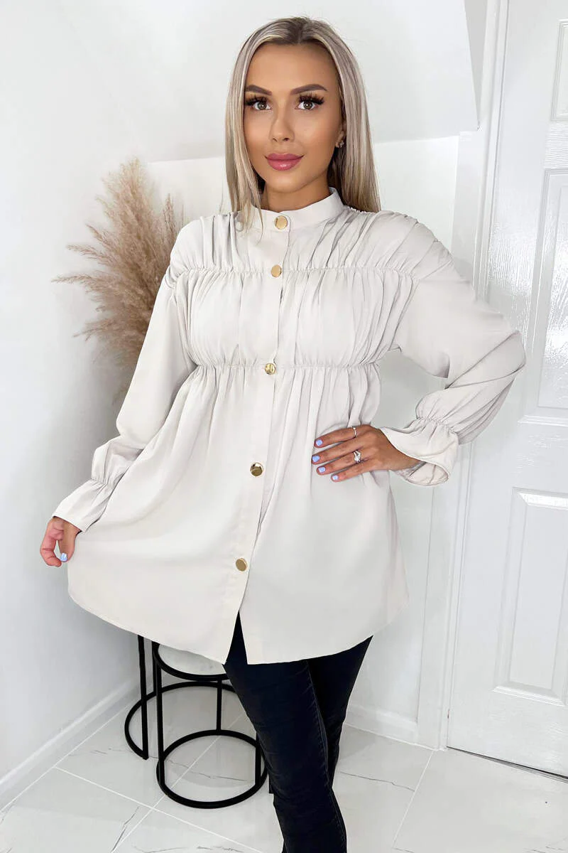 Stone Long Sleeve Gathered Detail Button Up Top - Swimclubus