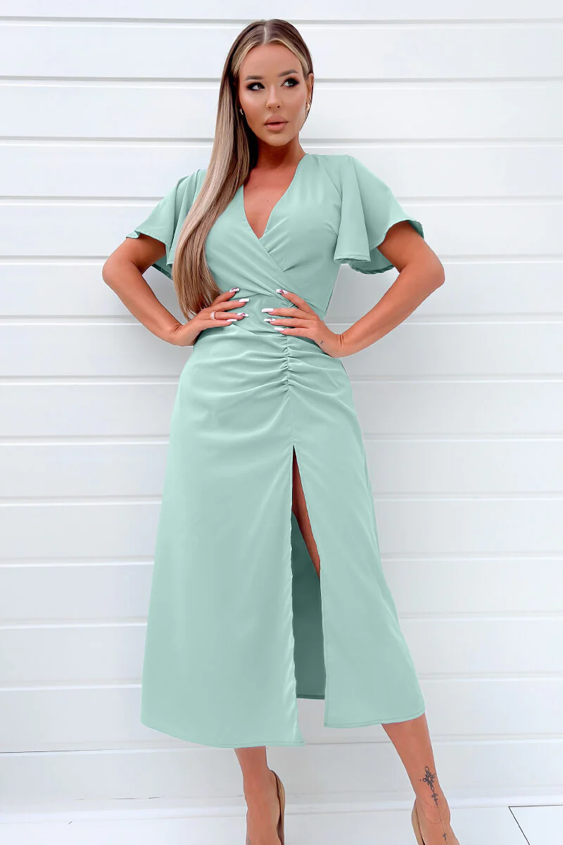 Duck Egg Ruched Split Leg Midi Dress - Swimclubus
