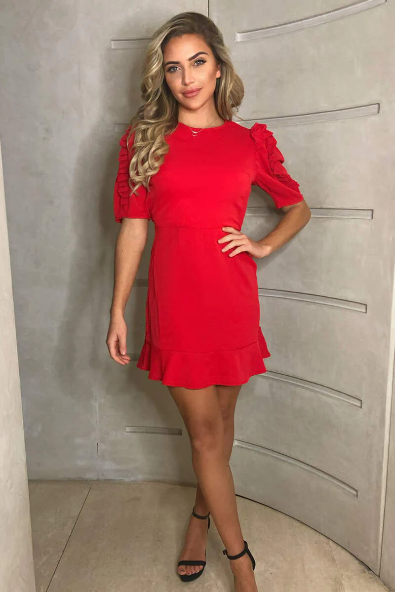 Red Pleated Short Sleeve Skater Dress - Swimclubus
