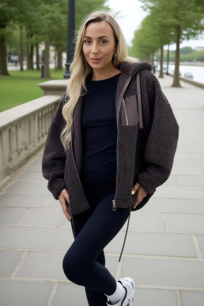 Chocolate Pocket Detail Hooded Teddy Jacket - Swimclubus