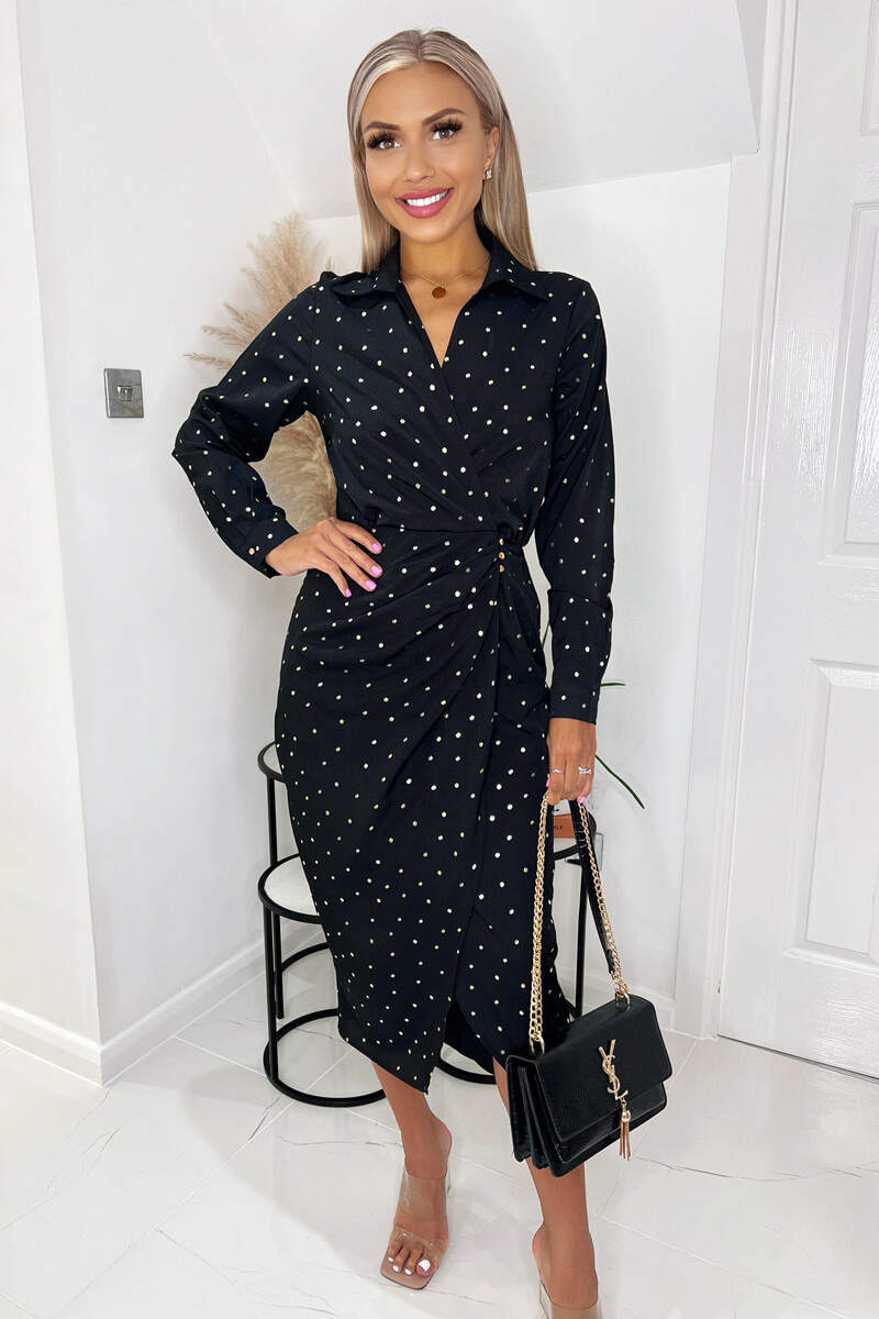 Black And Gold Polka Dot Gathered Midi Dress - Swimclubus