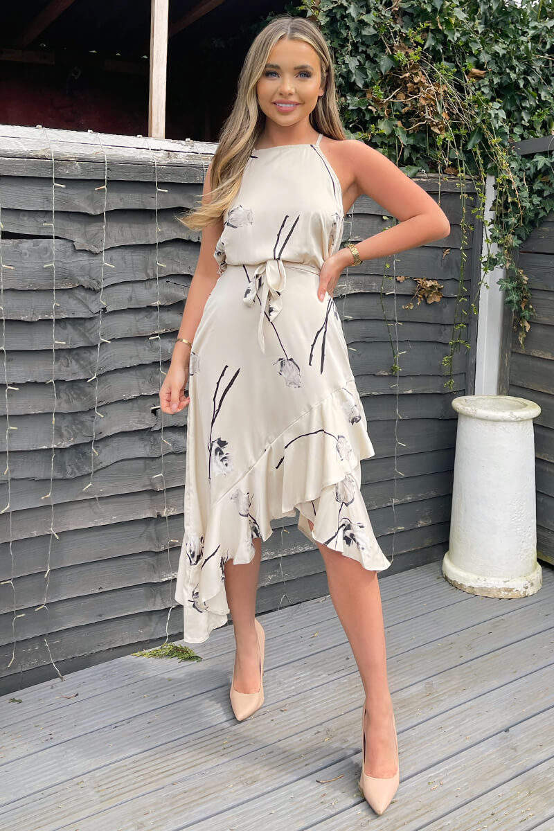 Stone Floral Printed Frill Hem Midi Dress - Swimclubus
