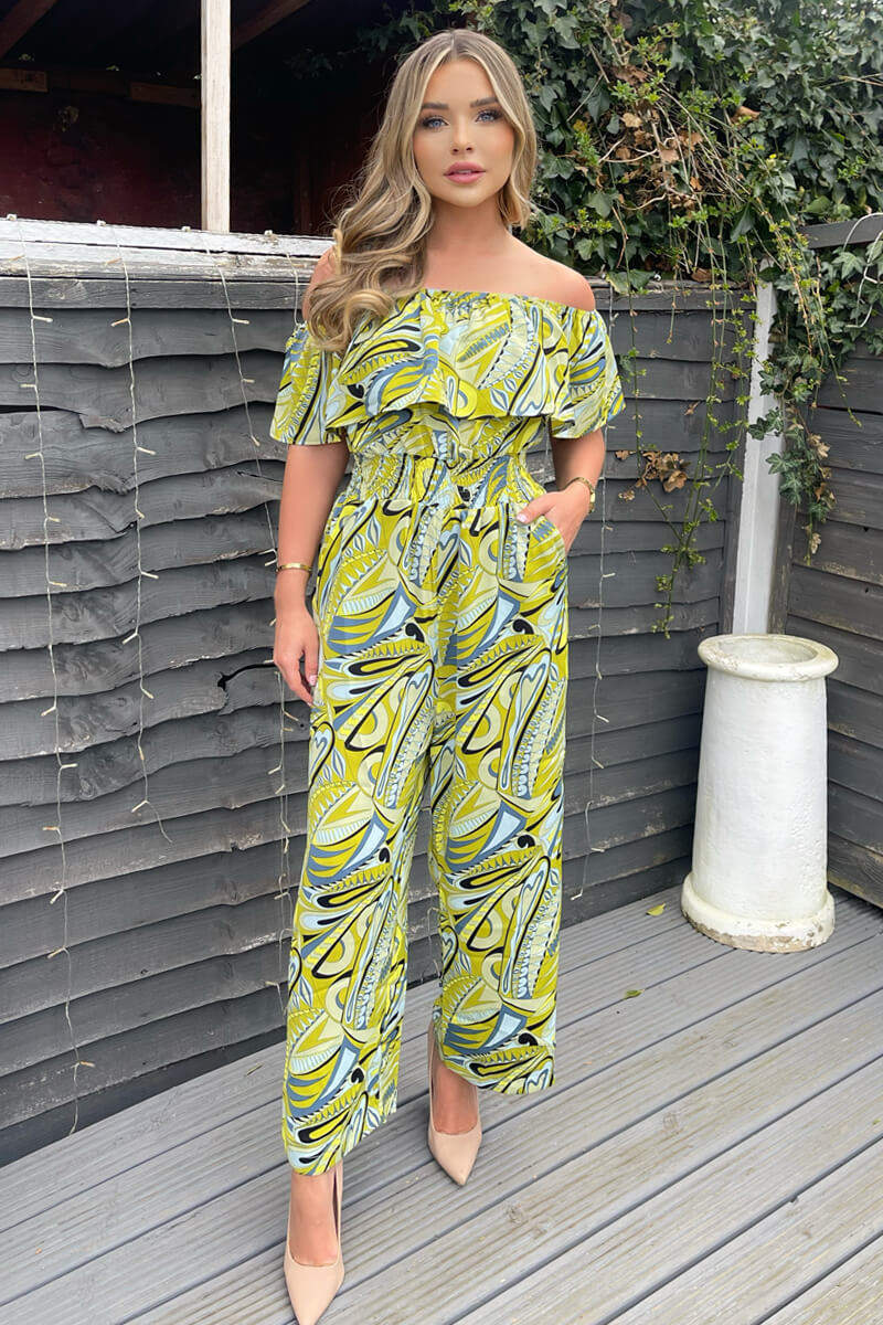 Lime Printed Bardot Culotte Jumpsuit - Swimclubus